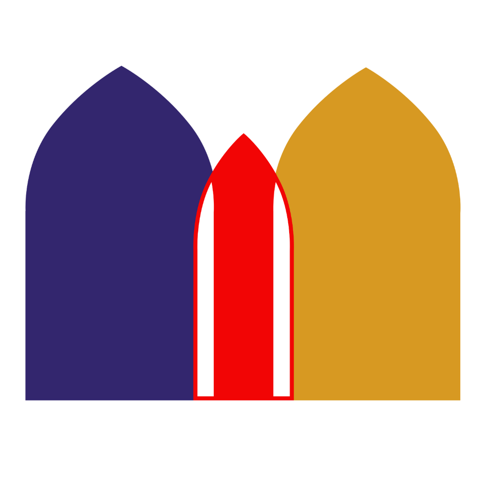 André Cailloux Center logo — three gothic arches in purple, red, and gold