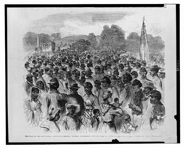 Adjutant-General Thomas addressing Black soldiers and freedmen in Louisiana, 1863 — Harper's Weekly engraving